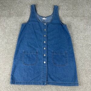 Cherokee Vintage 90s Blue Denim Button Front Jumper Dress Womens Large L Pocket